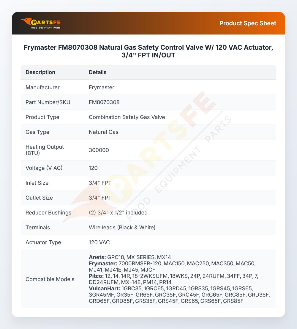 Frymaster FM8070308 Natural Gas Combination Safety Valve 120V 3/4" FPT In/Out