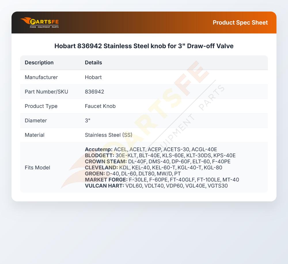 Hobart 836942 Draw-Off Valve Knob 3" Stainless Steel