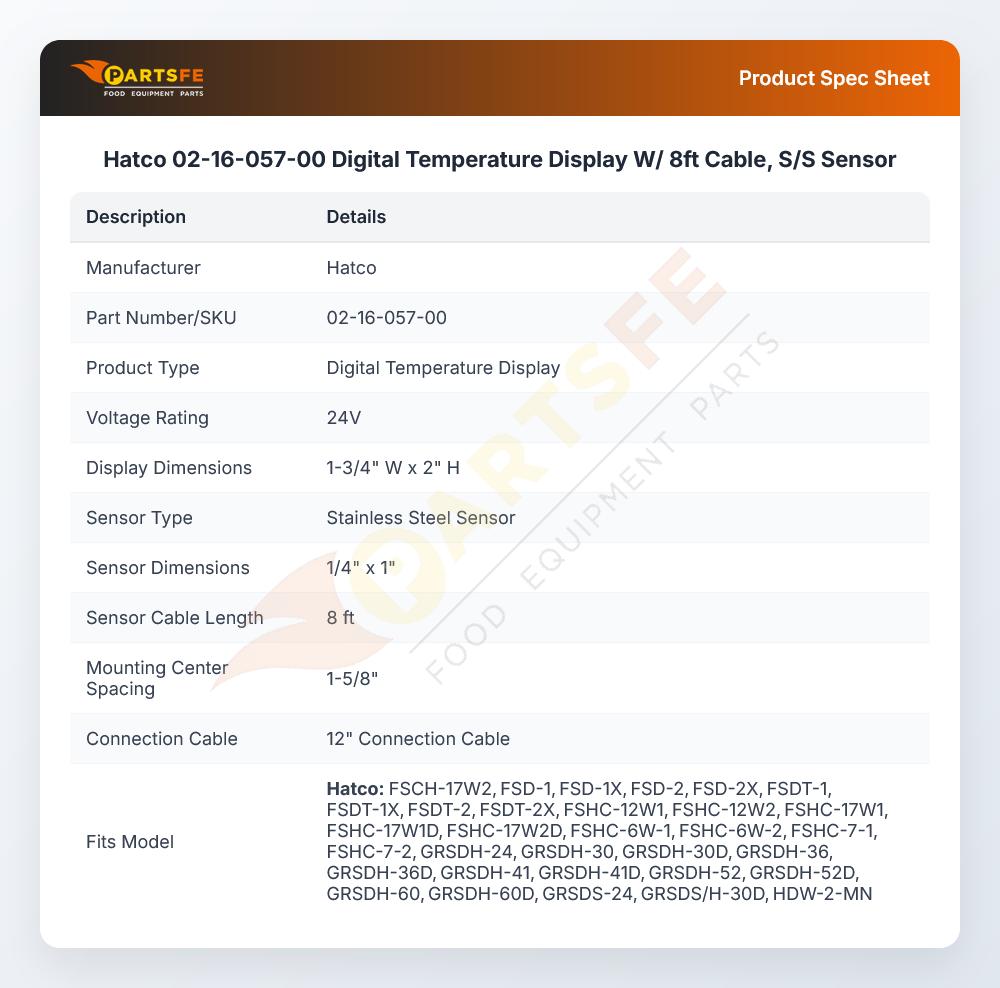 Hatco 02-16-057-00 Digital Temperature Display W/ 8ft Cable, S/S Sensor