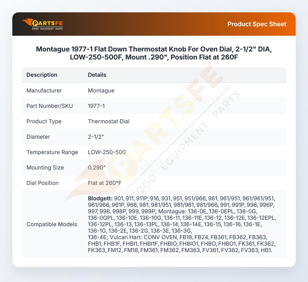 Montague 1977-1 Thermostat Knob 2-1/2" DIA LOW-250-500&deg;F