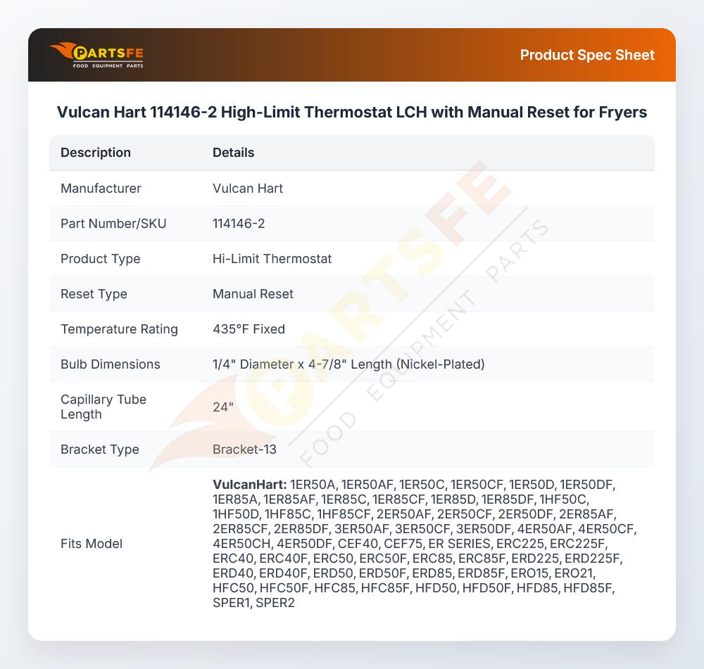 Vulcan Hart 114146-2 High-Limit Thermostat LCH with Manual Reset for Fryers