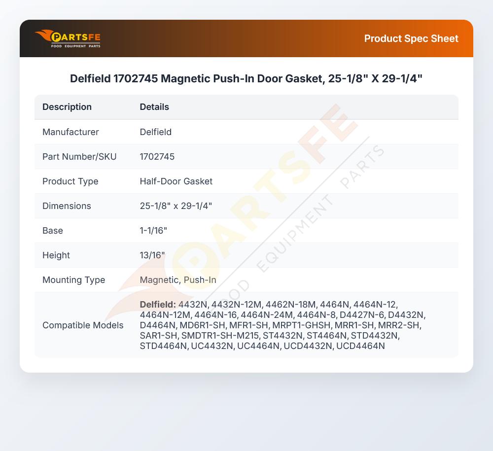 Delfield 1702745 Magnetic Push-In Door Gasket, 25-1/8" X 29-1/4"
