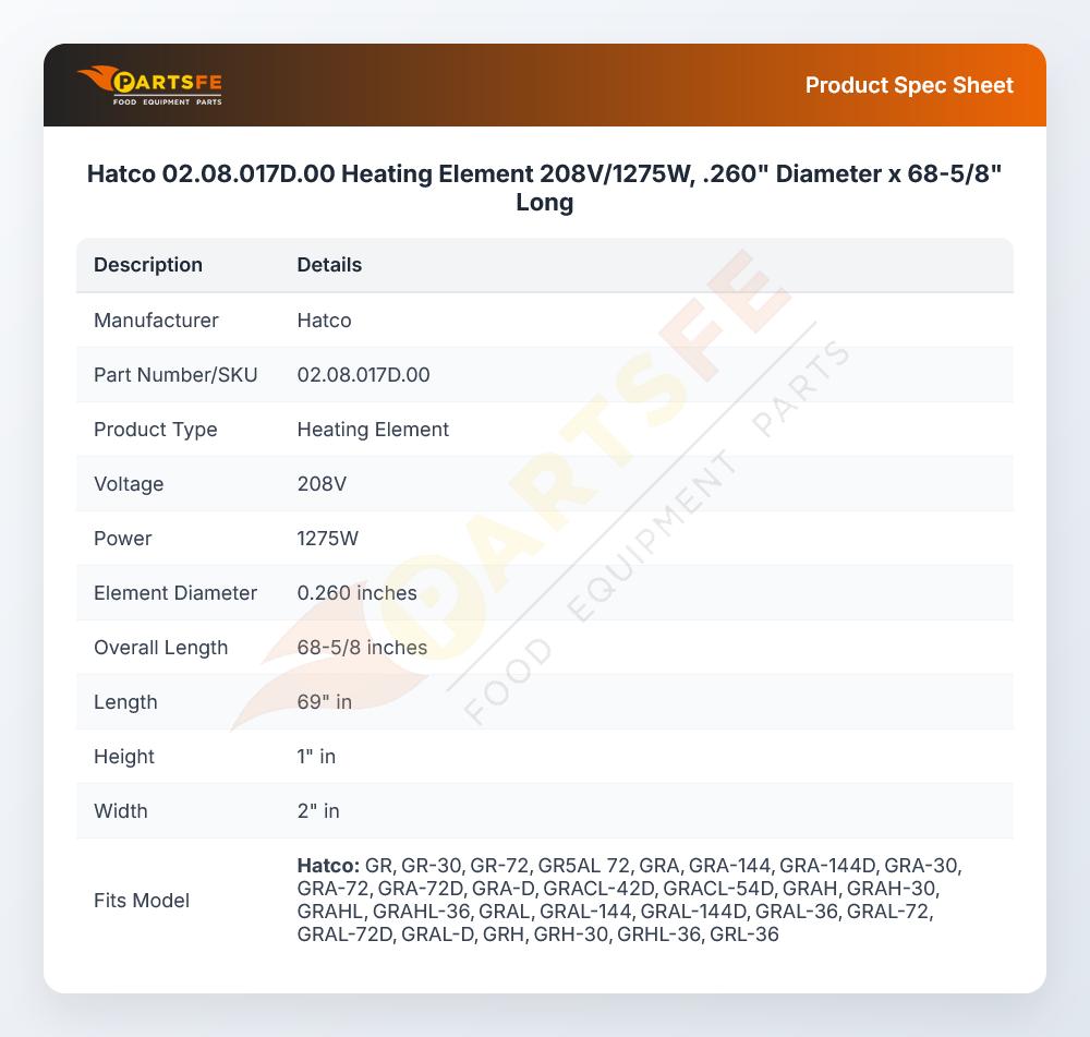Hatco 02.08.017D.00 Heating Element 1275W 208V