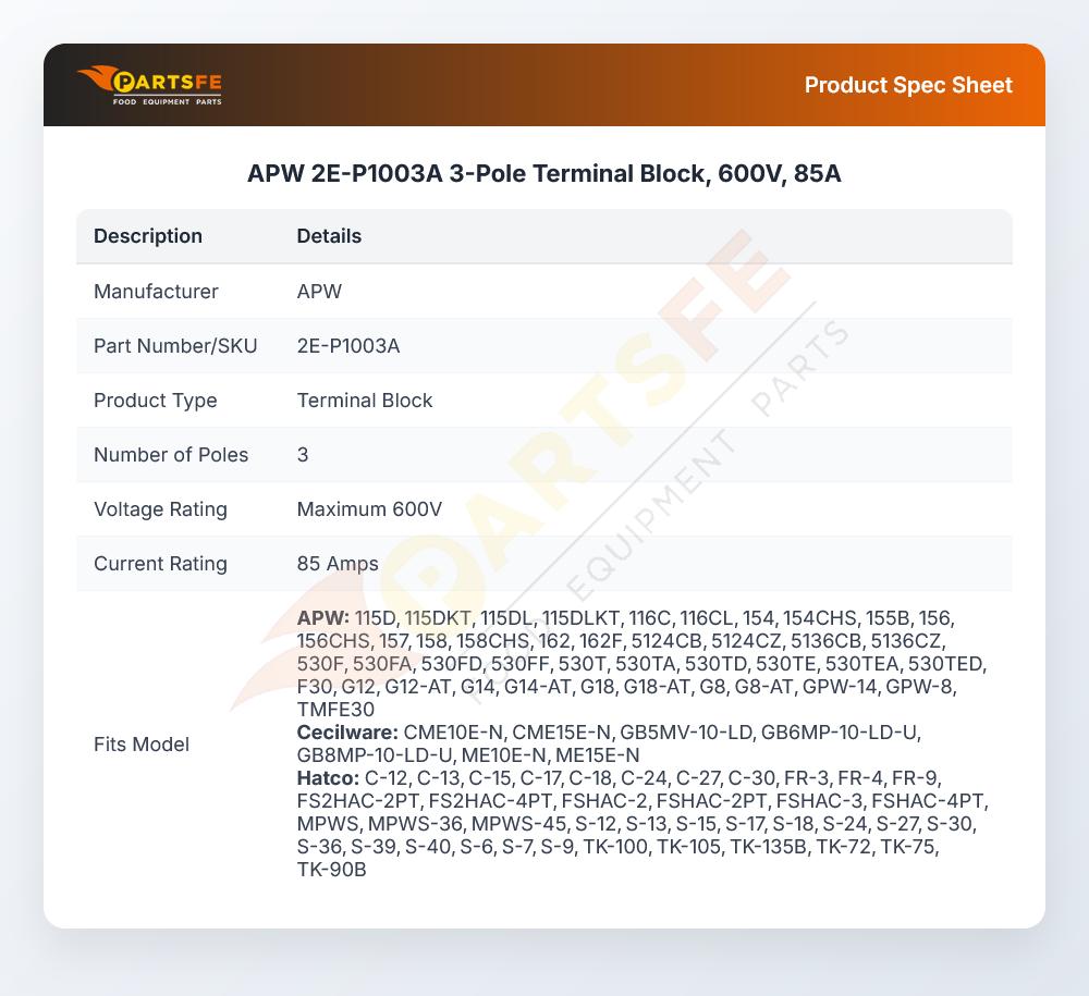 APW 2E-P1003A 3-Pole Terminal Block, 600V, 85A