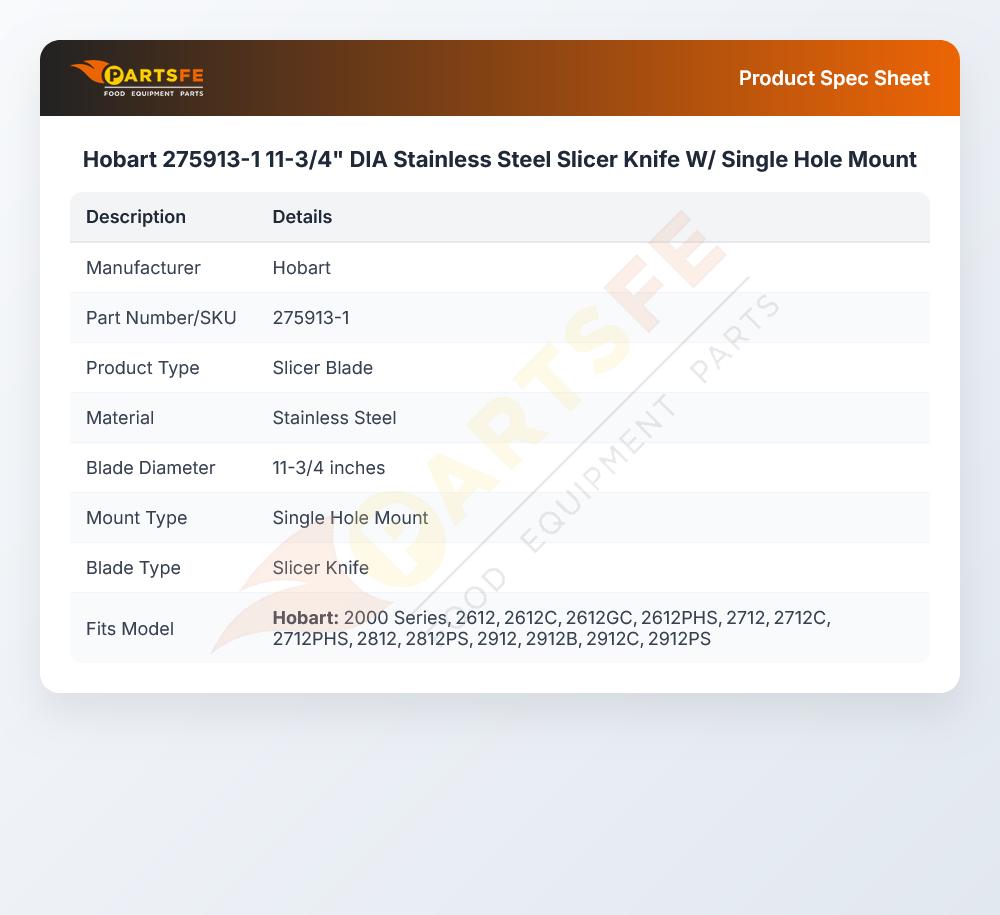 Hobart 275913-1 Knife W/Single Hole Mount 11-3/4" DIA S/S