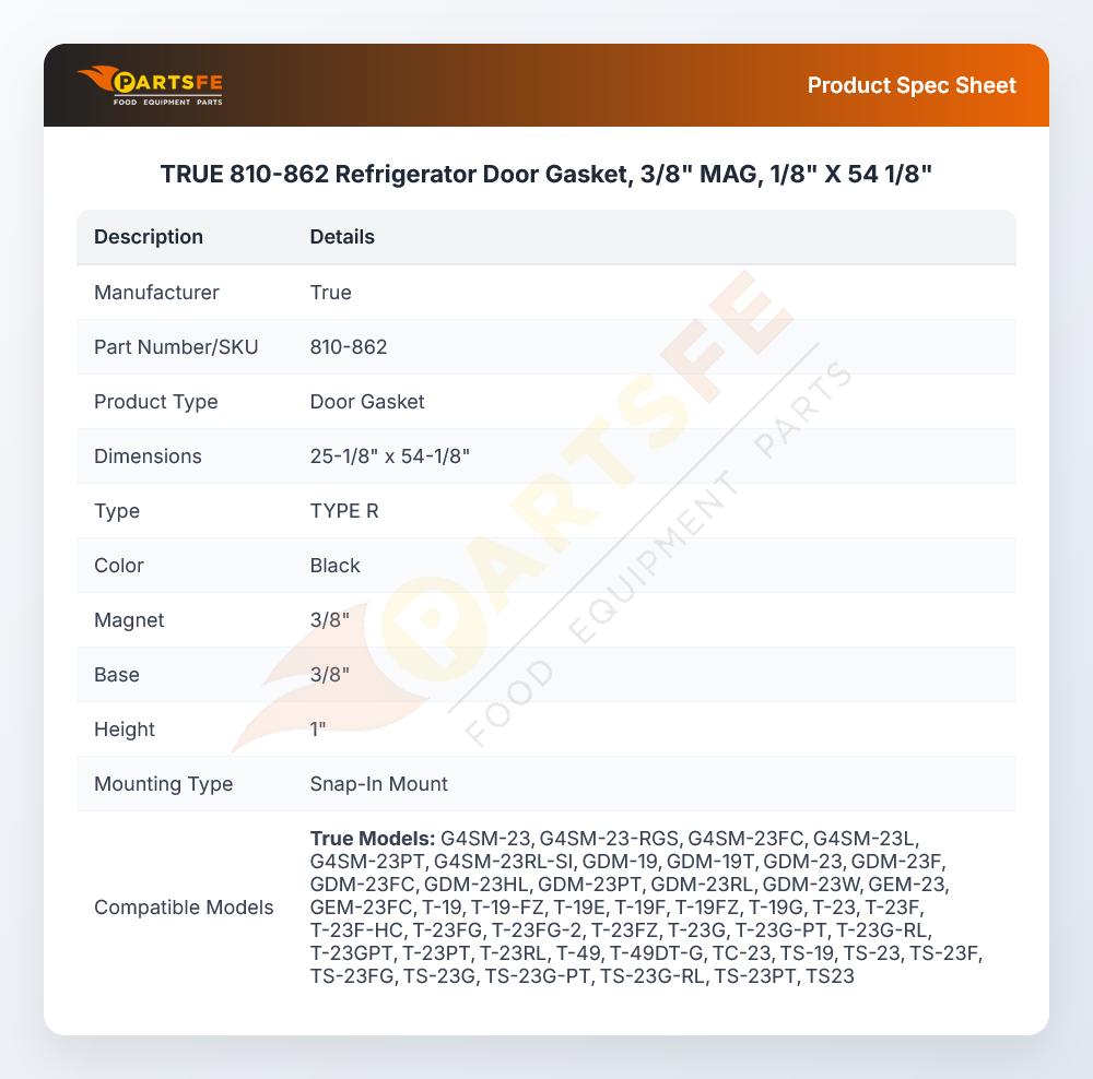 TRUE 810-862 Refrigerator  Door Gasket, 3/8" MAG, 1/8" X 54 1/8"