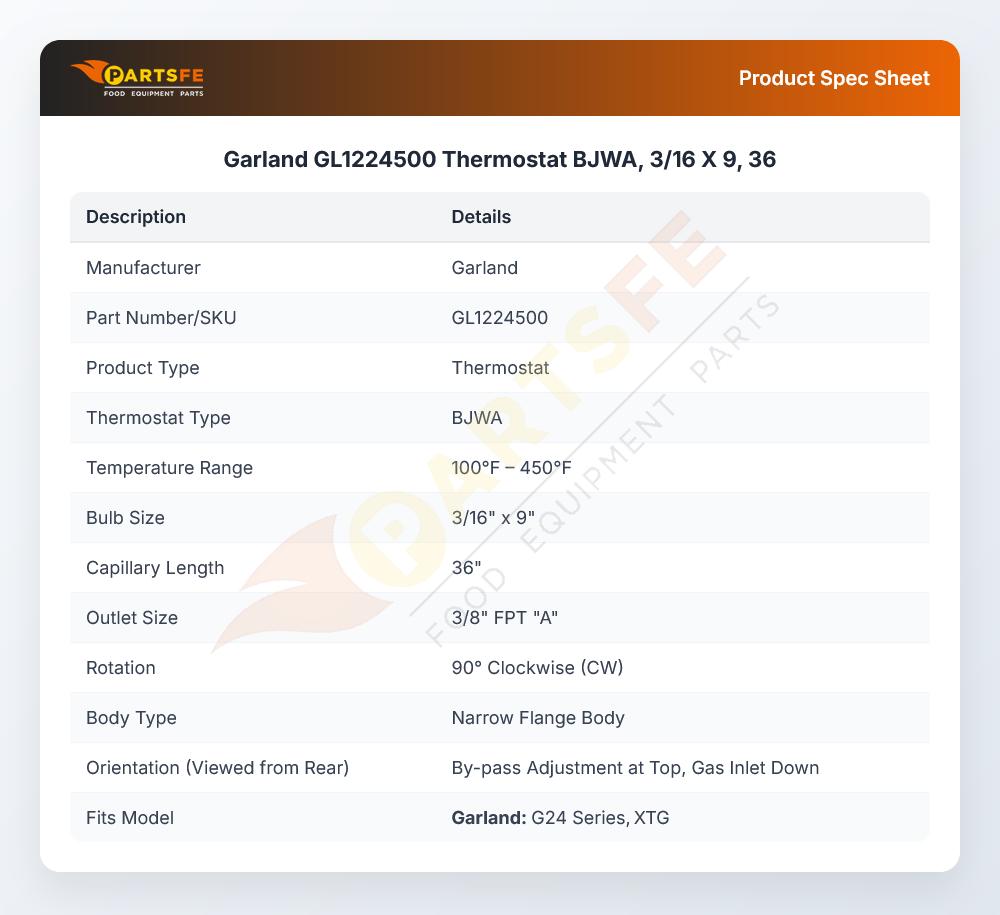 Garland GL1224500 BJWA Thermostat 3/16" X 9" X 36" CAP