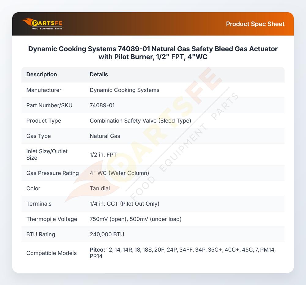 Dynamic Cooking Systems 74089-01 Natural Gas Valve 1/2" FPT