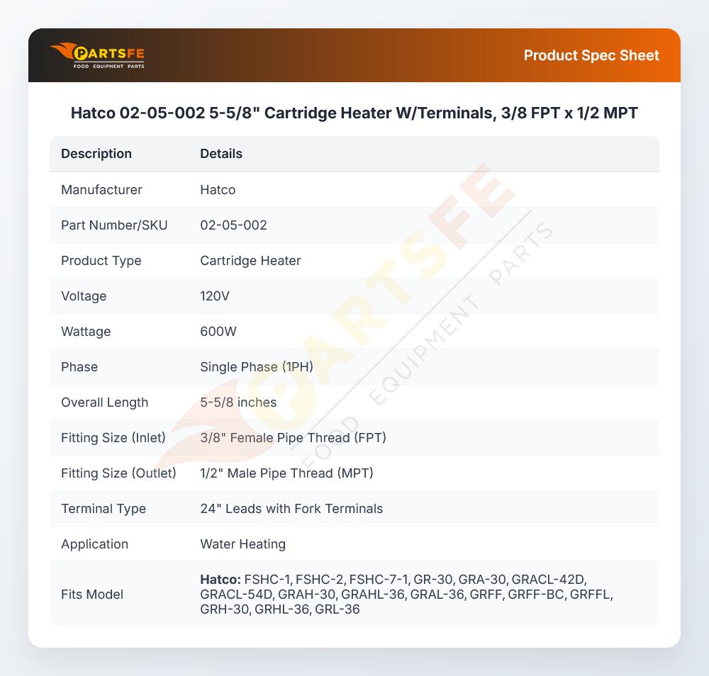 Hatco 02-05-002 5-5/8" Cartridge Heater W/Terminals,  3/8 FPT x 1/2 MPT
