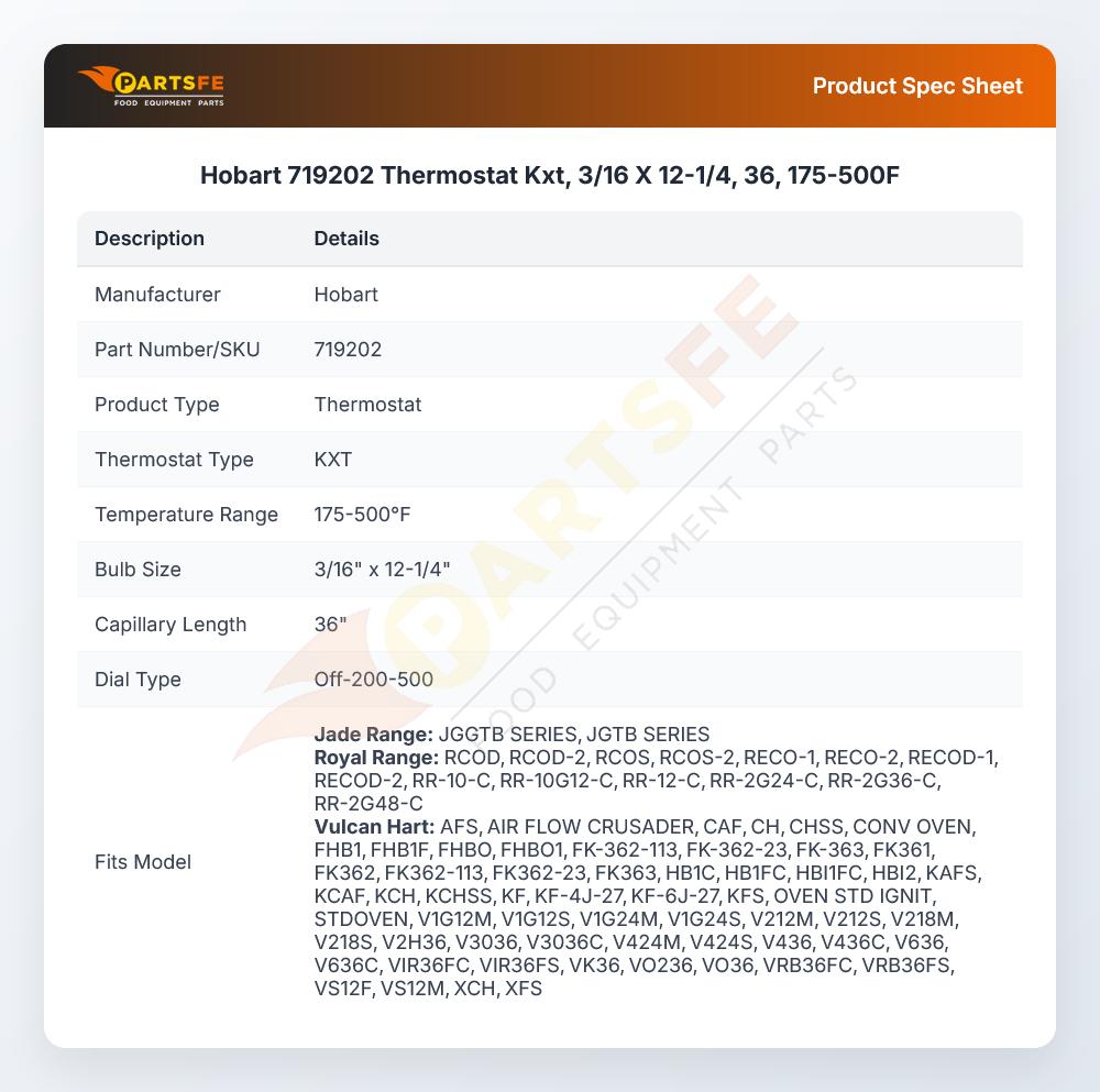 Hobart 719202 Thermostat 175-500&deg;F 3/16" X 12-1/4" Bulb 36" CAP KXT