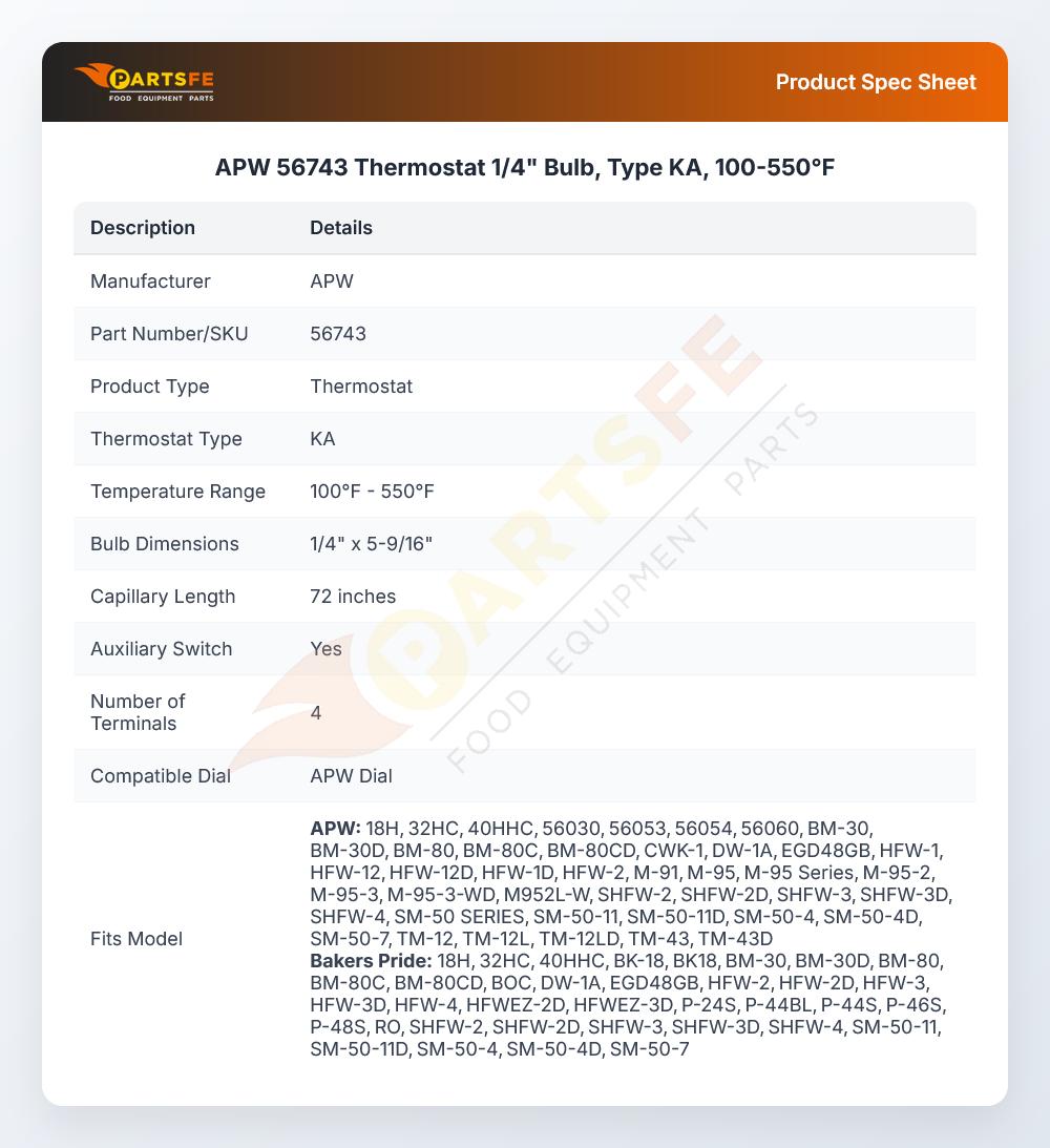 APW 56743 Thermostat 100&deg;-550&deg;F 1/4" X 5-9/16" Bulb 72" CAP KA
