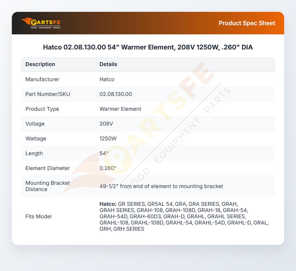 Hatco 02.08.130.00 54" Warmer Element, 208V 1250W,  .260" DIA
