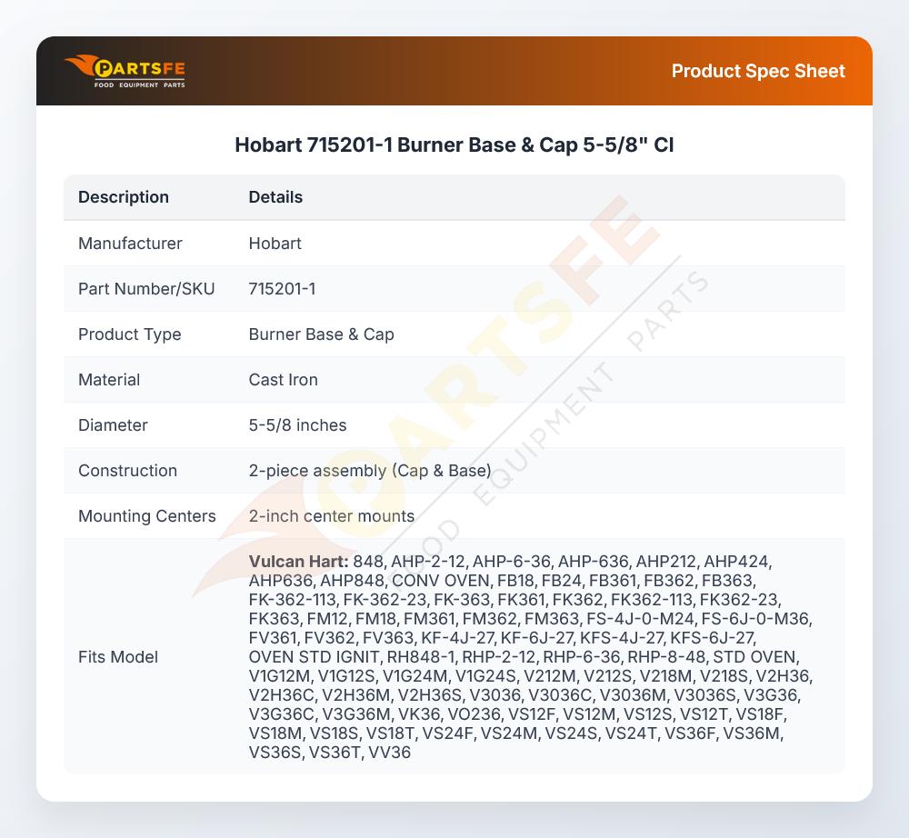 Hobart 715201-1 Burner Base & Cap 5-5/8"  CI