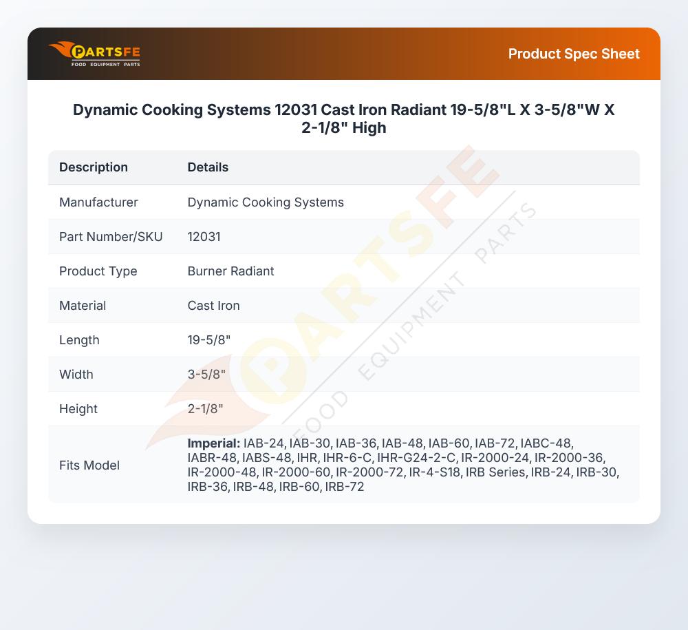 Dynamic Cooking Systems 12031 Cast Iron Radiant 19-5/8"L X 3-5/8"W X 2-1/8" High