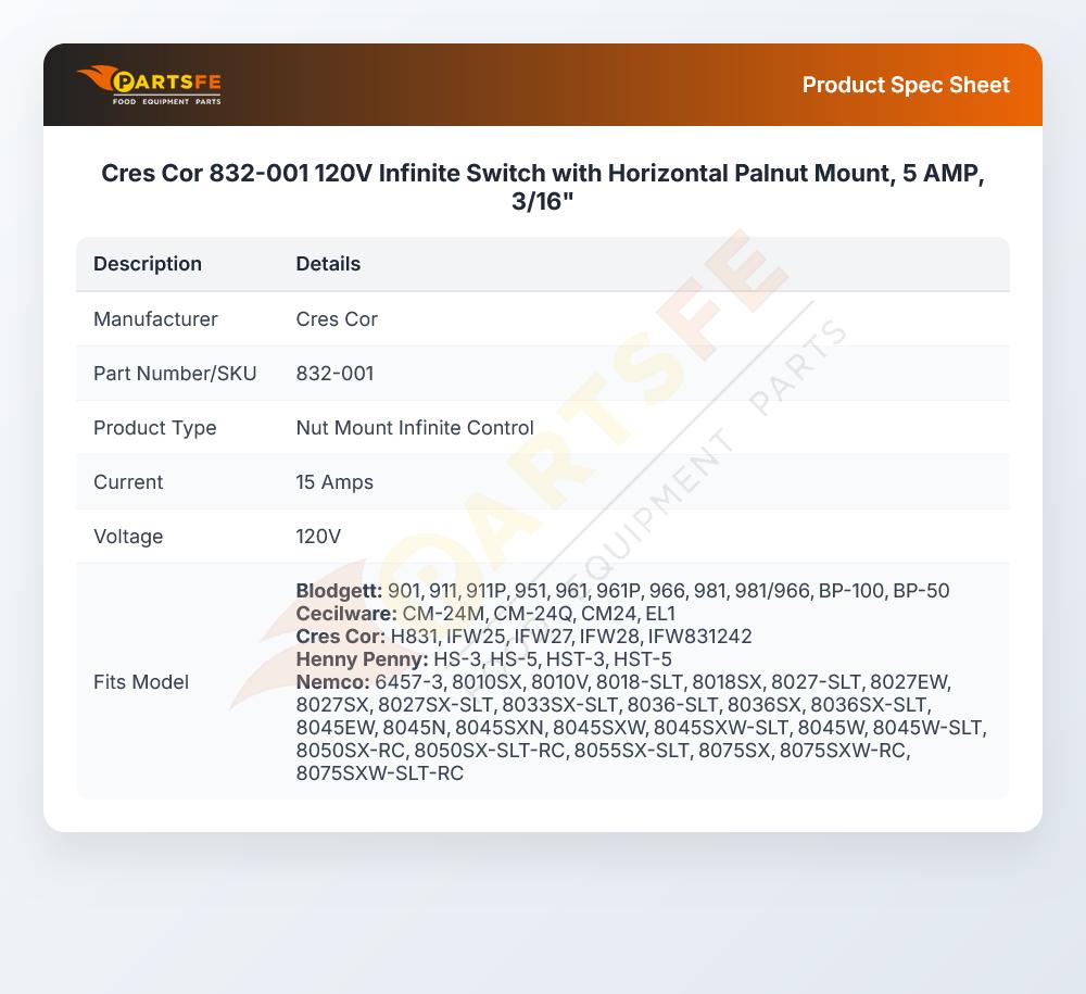 Cres Cor 832-001 120V Infinite Switch with Horizontal Palnut Mount, 5 AMP, 3/16"