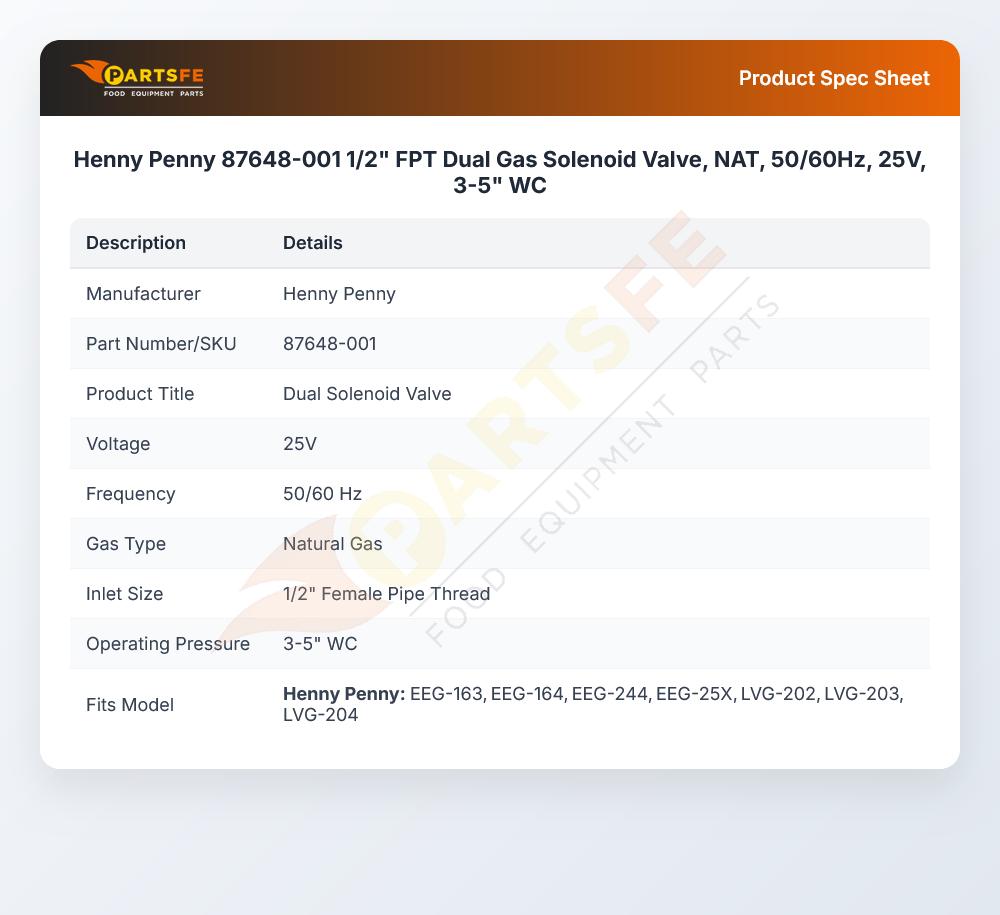 Henny Penny 87648-001 Fryer Dual Gas Solenoid Valve 1/2" FPT NAT 3-5" WC 25V 50/60Hz