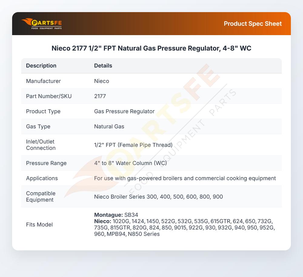 Nieco 2177 1/2" FPT Natural Gas Pressure Regulator, 4-8" WC