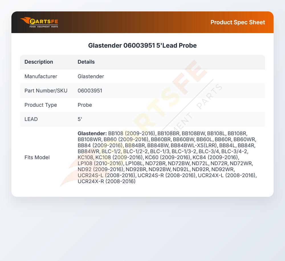 Glastender 06003951 5' Probe W/Cable PBC