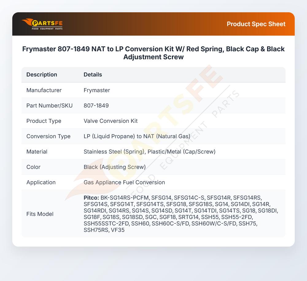 Frymaster 807-1849 NAT to LP Conversion Kit W/ Red Spring, Black Cap & Black Adjustment Screw