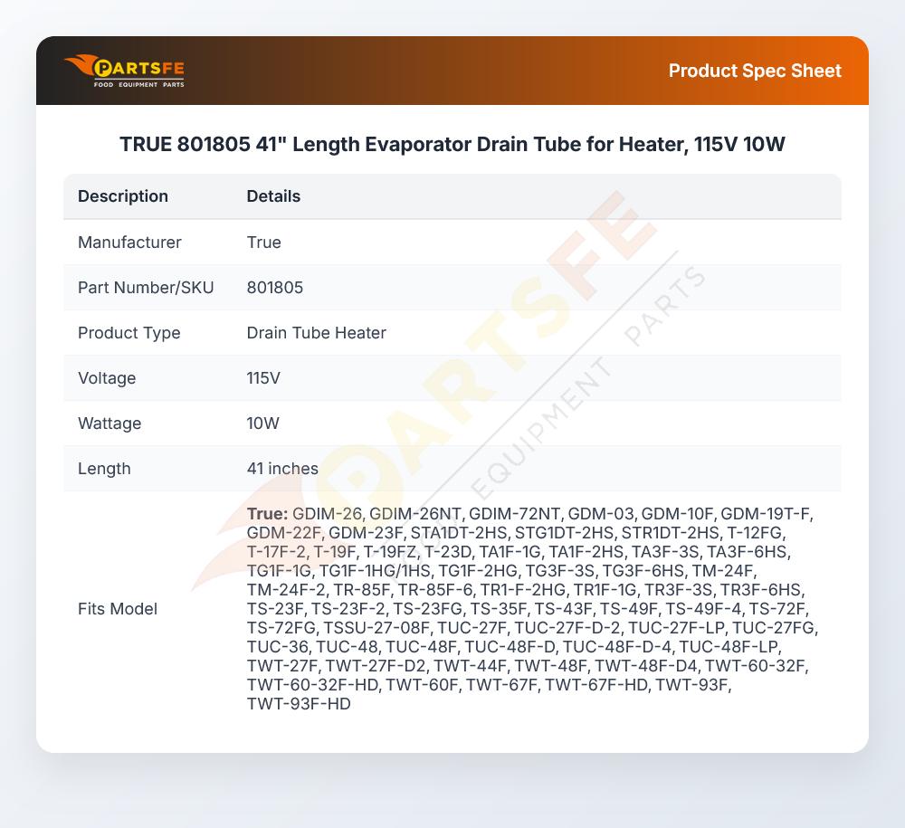 TRUE 801805 Evaporator Drain Tube Heater 41" L 10W 115V