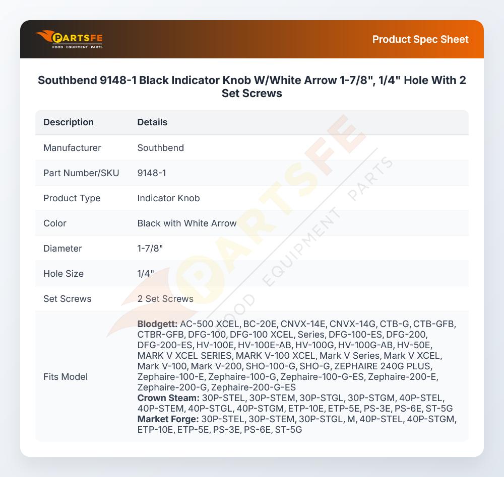 Southbend 9148-1 Black Indicator Knob W/White Arrow 1-7/8", 1/4" Hole With 2 Set Screws