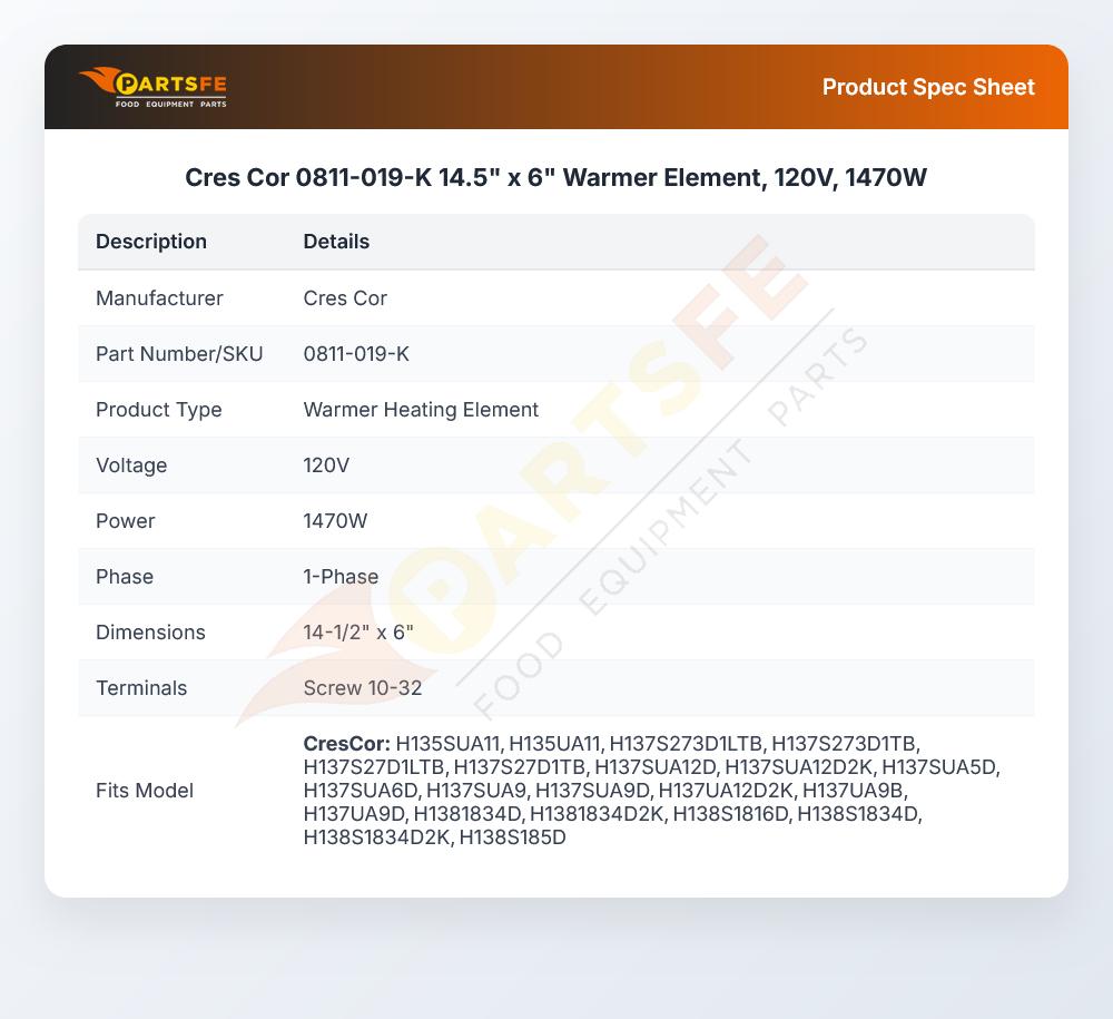 Cres Cor 0811-019-K 14.5" x 6" Warmer Element, 120V, 1470W