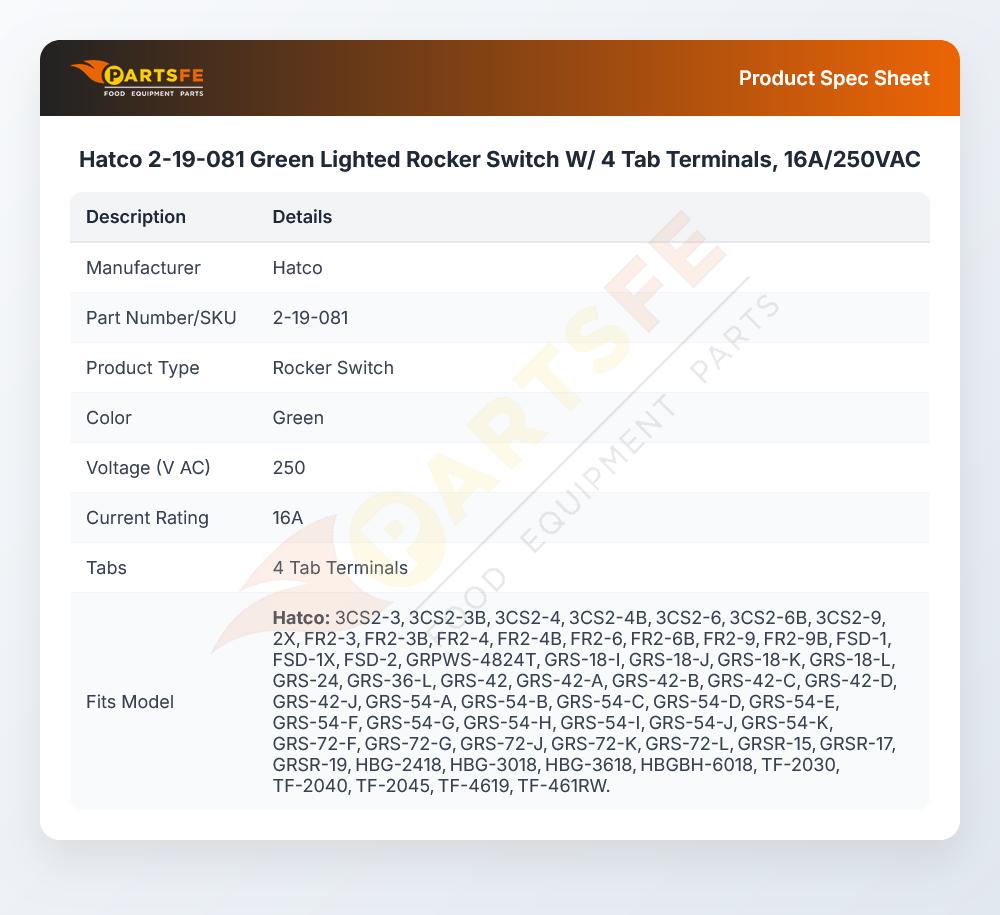 Hatco 2-19-081 Green Lighted Rocker Switch W/ 4 Tab Terminals, 16A/250VAC