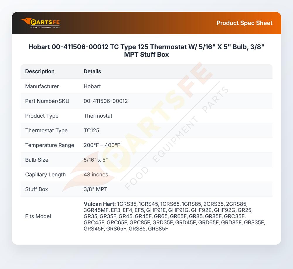 Hobart 00-411506-00012 Thermostat TC125 W/5/16" X 5" Bulb 48" CAP