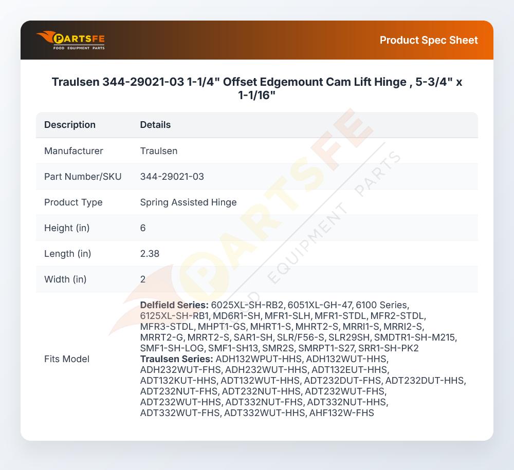 Traulsen 344-29021-03 1-1/4" Offset Edgemount Cam Lift Hinge , 5-3/4" x 1-1/16"