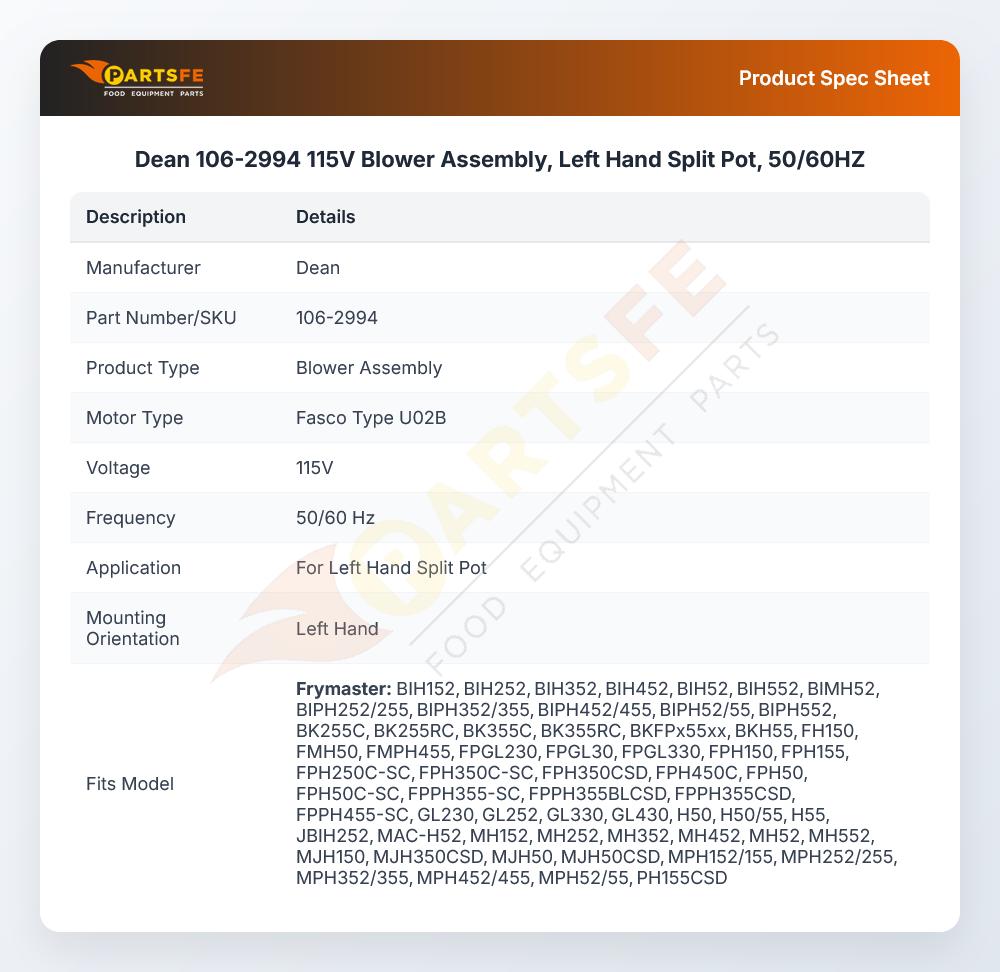 Dean 106-2994 Blower Assembly 115V 50/60Hz