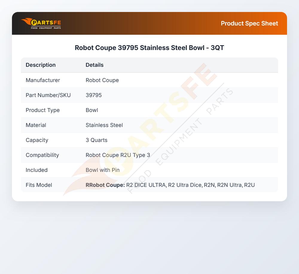 Robot Coupe 39795 R2 Stainless Steel Bowl W/Pin