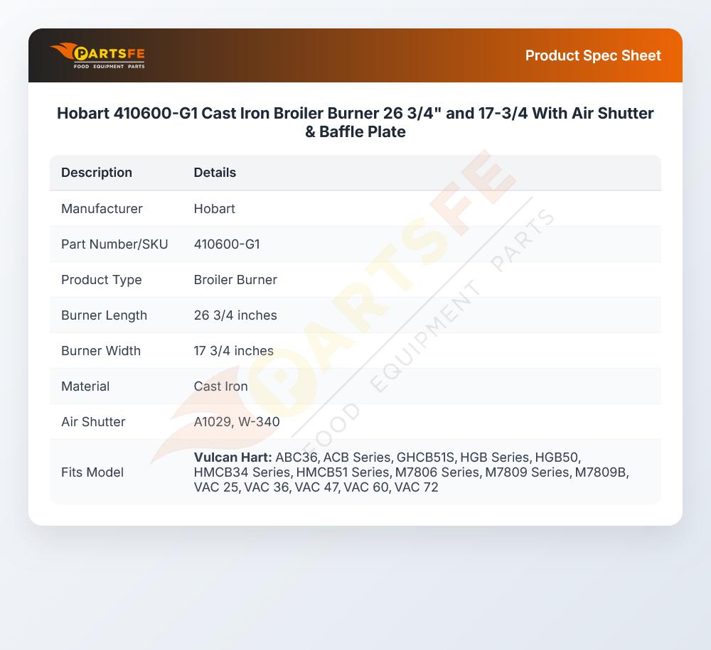 Hobart 410600-G1 Cast Iron Broiler Burner 26 3/4" and 17-3/4 With Air Shutter & Baffle Plate