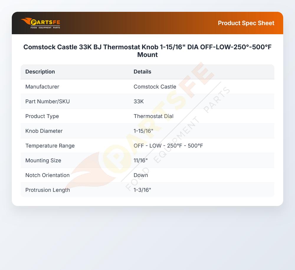 Comstock Castle 33K BJ Thermostat Knob 1-15/16" DIA Off-Low 250&deg;-500&deg;F Mount