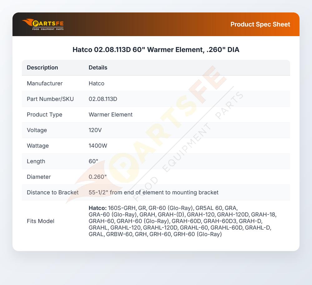 Hatco 02.08.113D 60" Warmer Element, .260" DIA