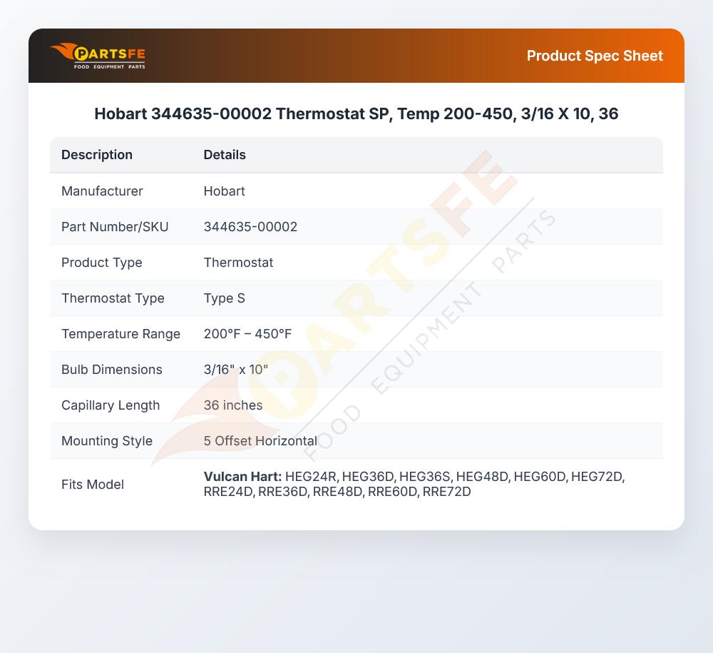 Hobart 344635-00002 SP Thermostat 200-450&deg;F 3/16" x 10" Bulb 36" CAP