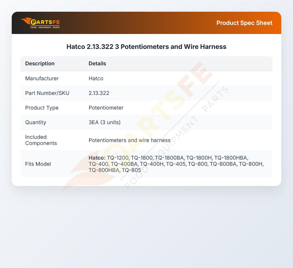 Hatco 2.13.322 3 Potentiometers and Wire Harness