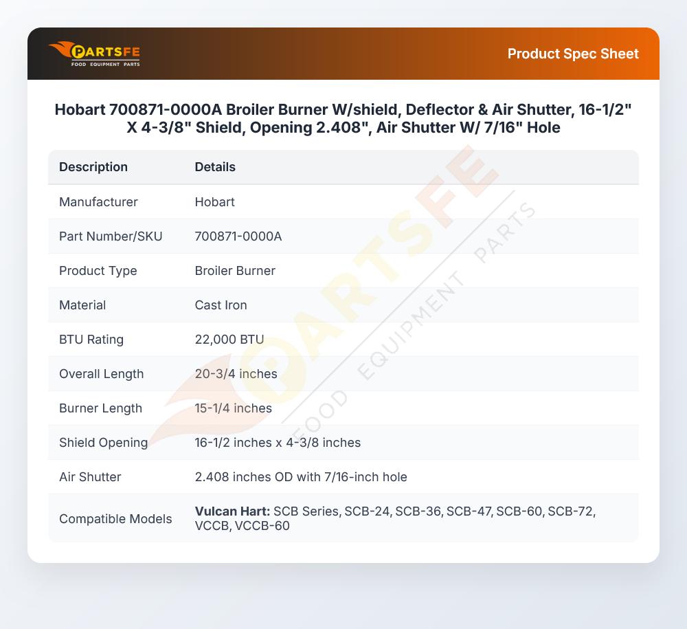 Hobart 700871-0000A Broiler Burner W/shield Deflector & Air Shutter 16-1/2" X 4-3/8"&nbsp;2.408" Opening 7/16" Hole