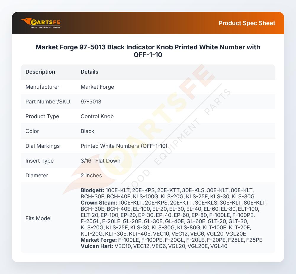 Market Forge 97-5013 Black Indicator Knob Printed White Number with OFF-1-10