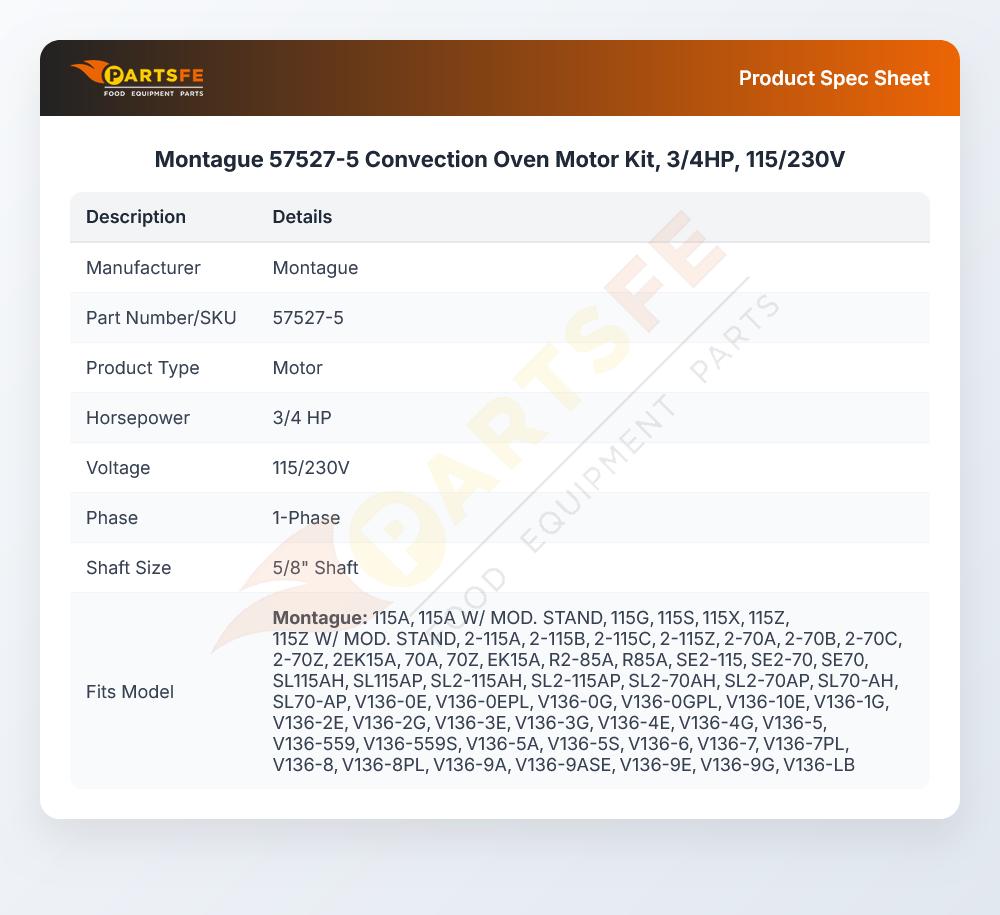 Montague 57527-5 Convection Oven Motor Kit 3/4HP 115/230V