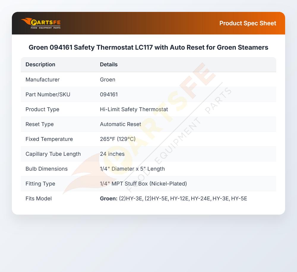 Groen 094161 Convection Steamer High-Limit Safety Thermostat LC117