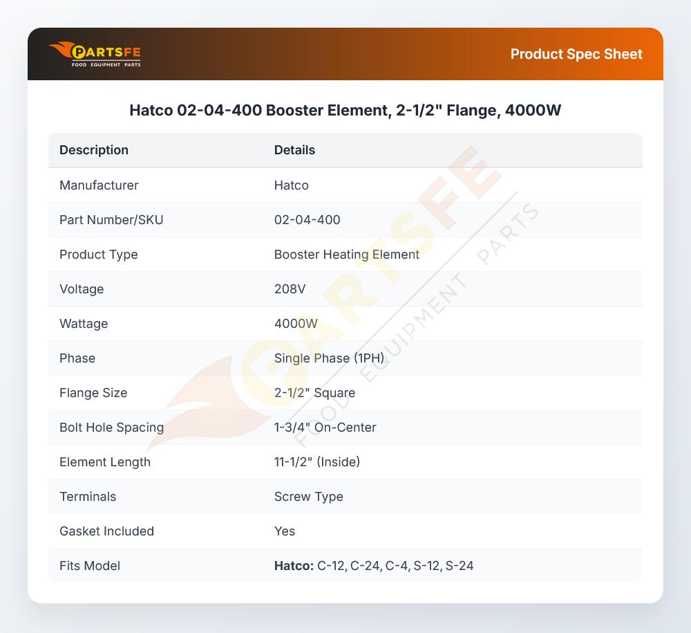 Hatco 02-04-400 Booster Element, 2-1/2" Flange, 4000W