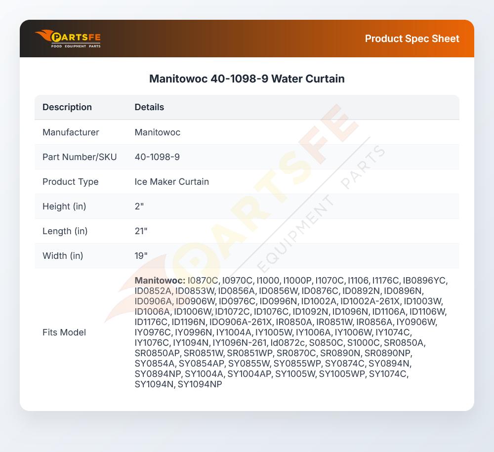 Manitowoc 40-1098-9 Water Curtain
