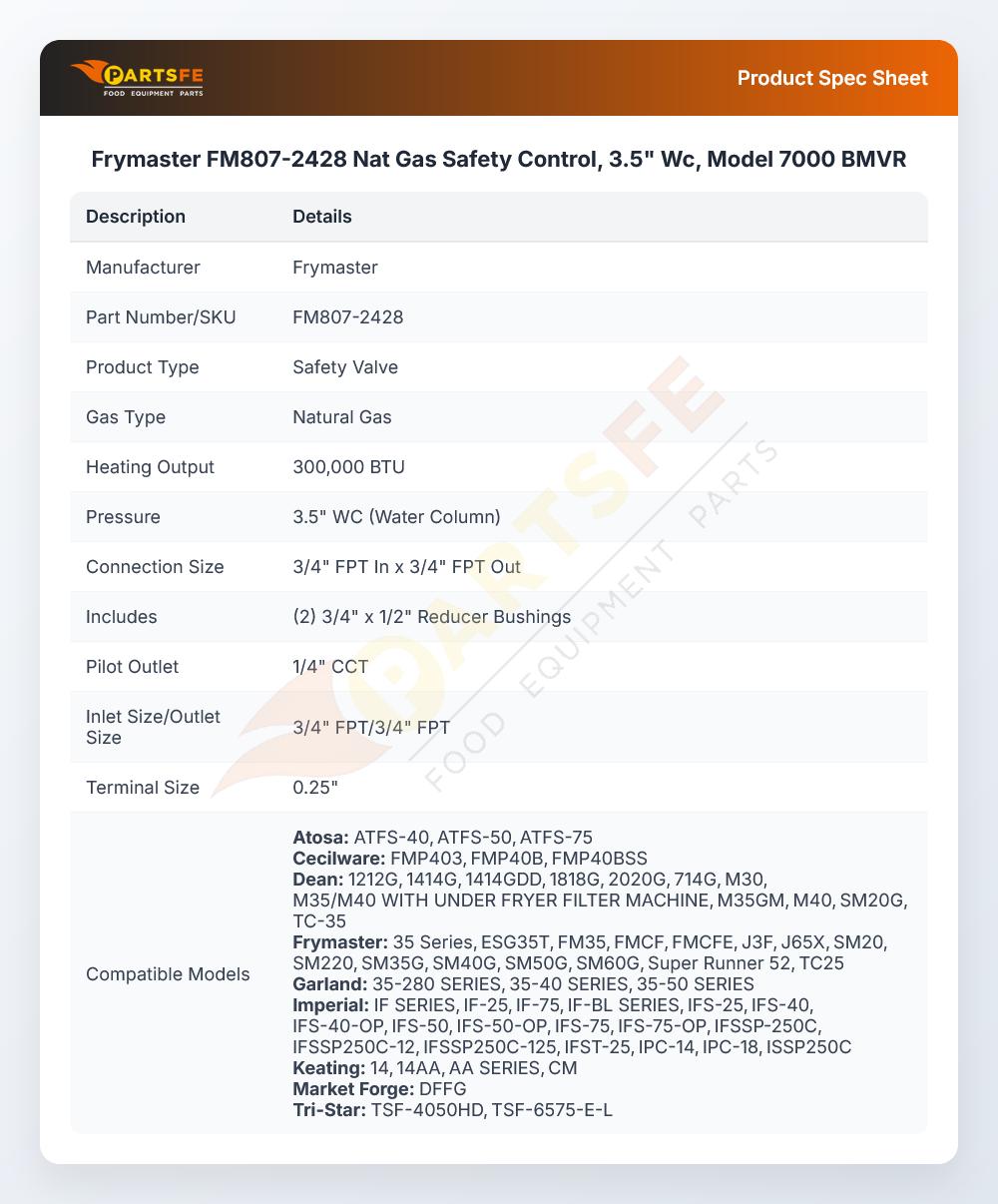 Frymaster FM807-2428 Natural Gas Safety Control Valve 3.5" WC Model 7000BMVR