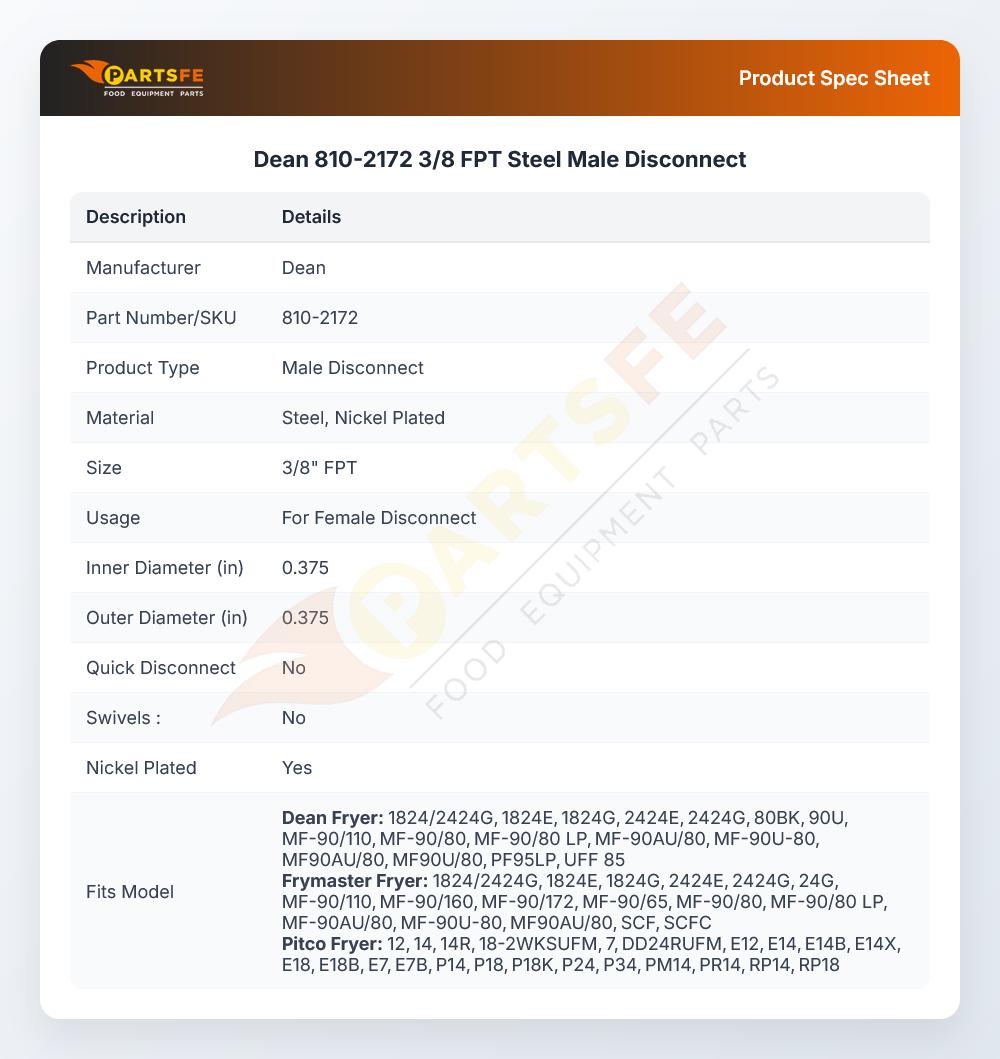 Dean 810-2172 3/8 FPT Steel Male Disconnect