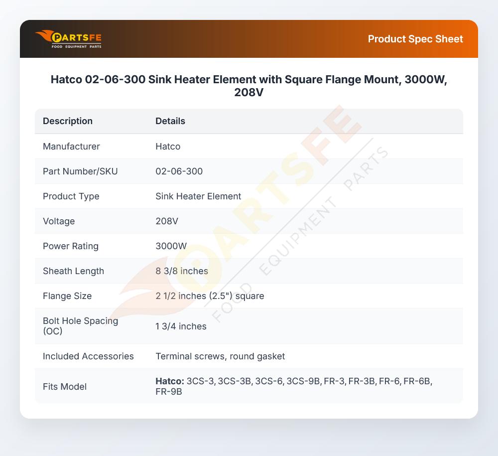 Hatco 02-06-300 Sink Heater Element with Square Flange Mount, 3000W, 208V