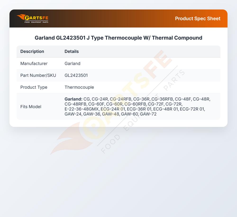 Garland GL2423501 Griddle Thermocouple J-Type W/Thermal Compound