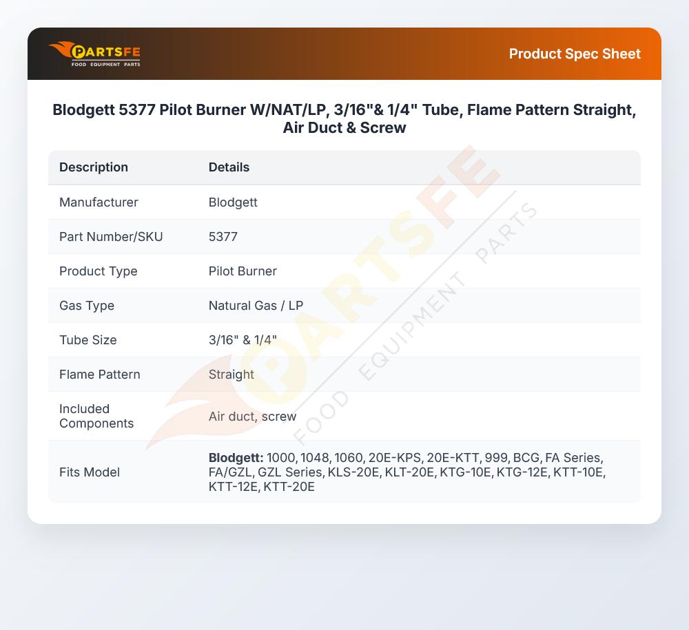 Blodgett 5377 Pilot Burner W/NAT/LP, 3/16"& 1/4" Tube, Flame Pattern Straight, Air Duct & Screw