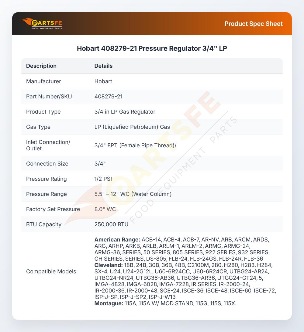 Hobart 408279-21 Pressure Regulator 3/4" LP