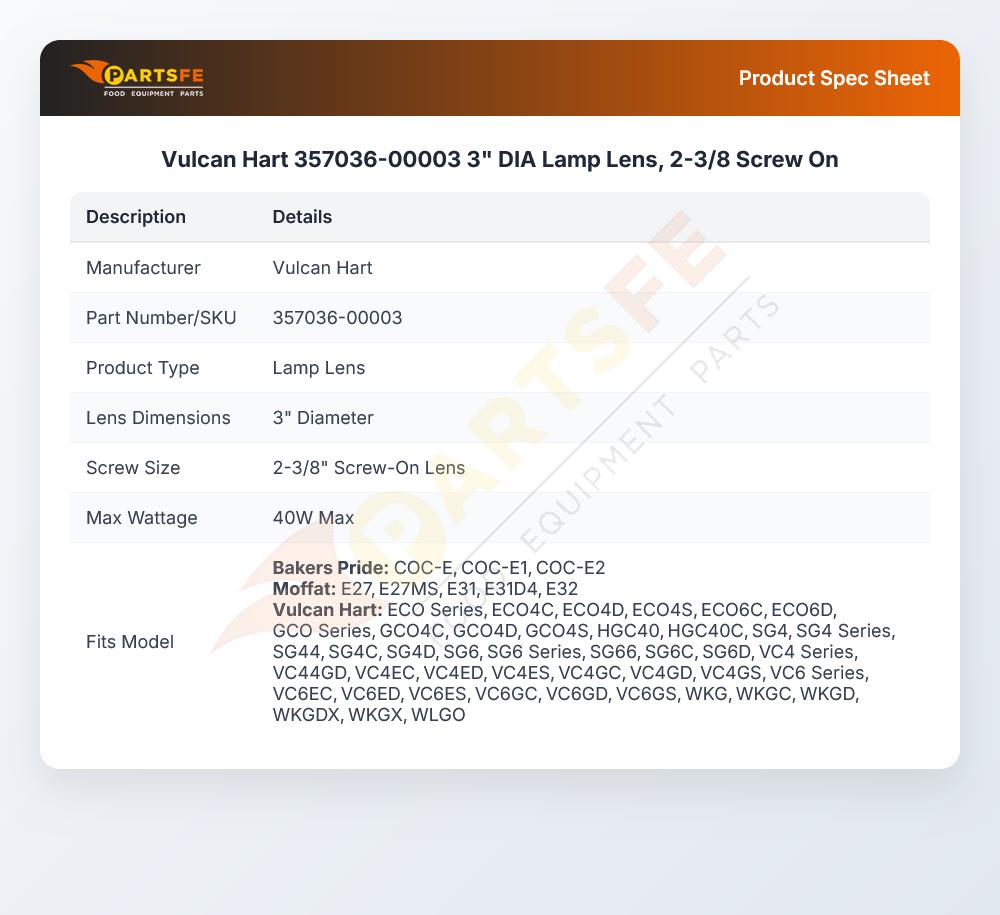 Vulcan Hart 357036-00003 3" DIA Lamp Lens, 2-3/8 Screw On