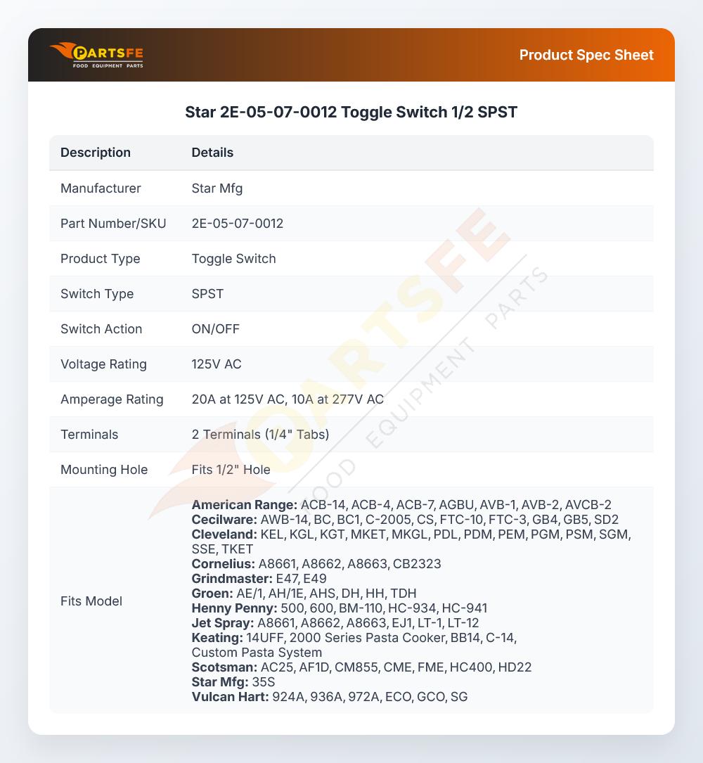 Star 2E-05-07-0012 Toggle Switch 1/2 SPST